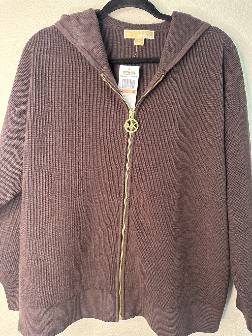 Michael Kors Brown Hooded Zip Sweater with Gold MK Pull